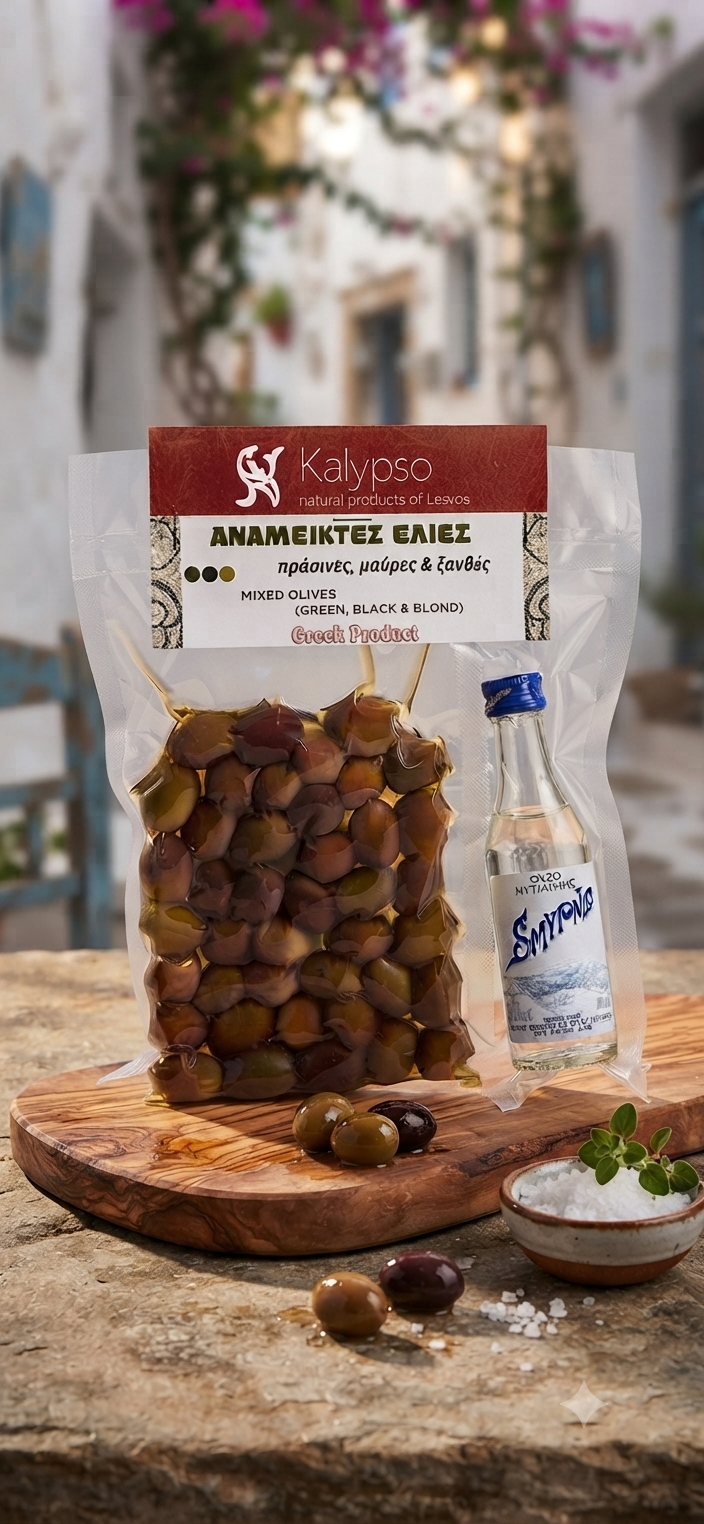 Mixed Greek Olives and Local Ouzo from Lesvos island